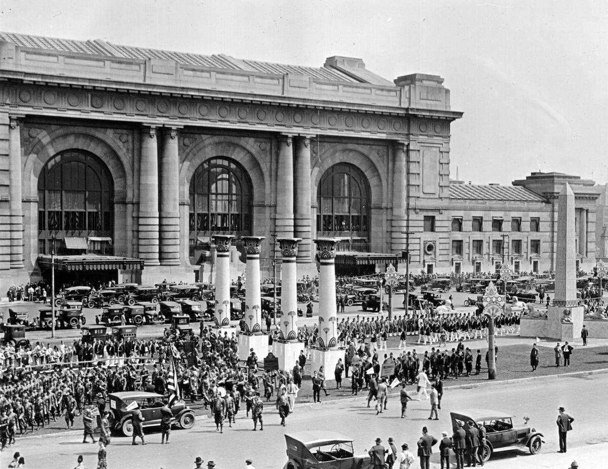 Distant view of parade and ceremonial activities in front of Union Station, 1924, General Photograph Collection (P1).