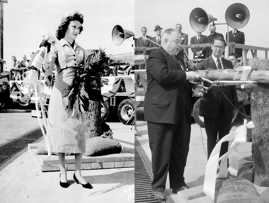 Patricia Sue Wilkinson, “Queen of the Broadway Bridge,” and Mayor H. Roe Bartle snip the ribbon to open the bridge.