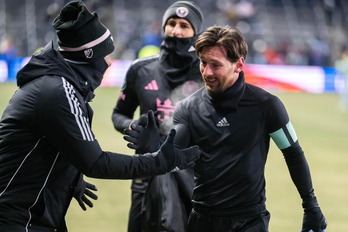 Inter Miami CF forward Lionel Messi celebrates with his teammates at the conclusion of the Concacaf Champions Cup match of Sporting KC vs. Inter Miami CF on Wednesday, Feb. 19, 2025, at Sporting Park. Messi scored the only goal of the match.