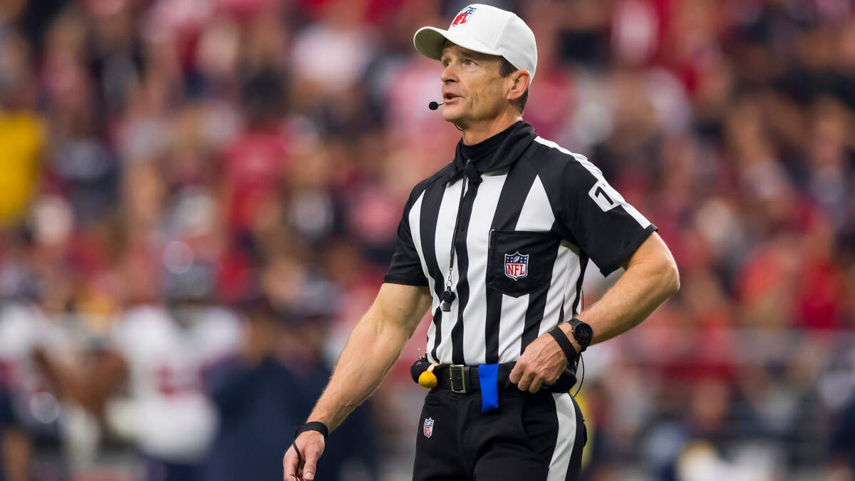 NFL referee Land Clark, seen here in a 2021 game, worked Sunday’s Chiefs-Vikings game.