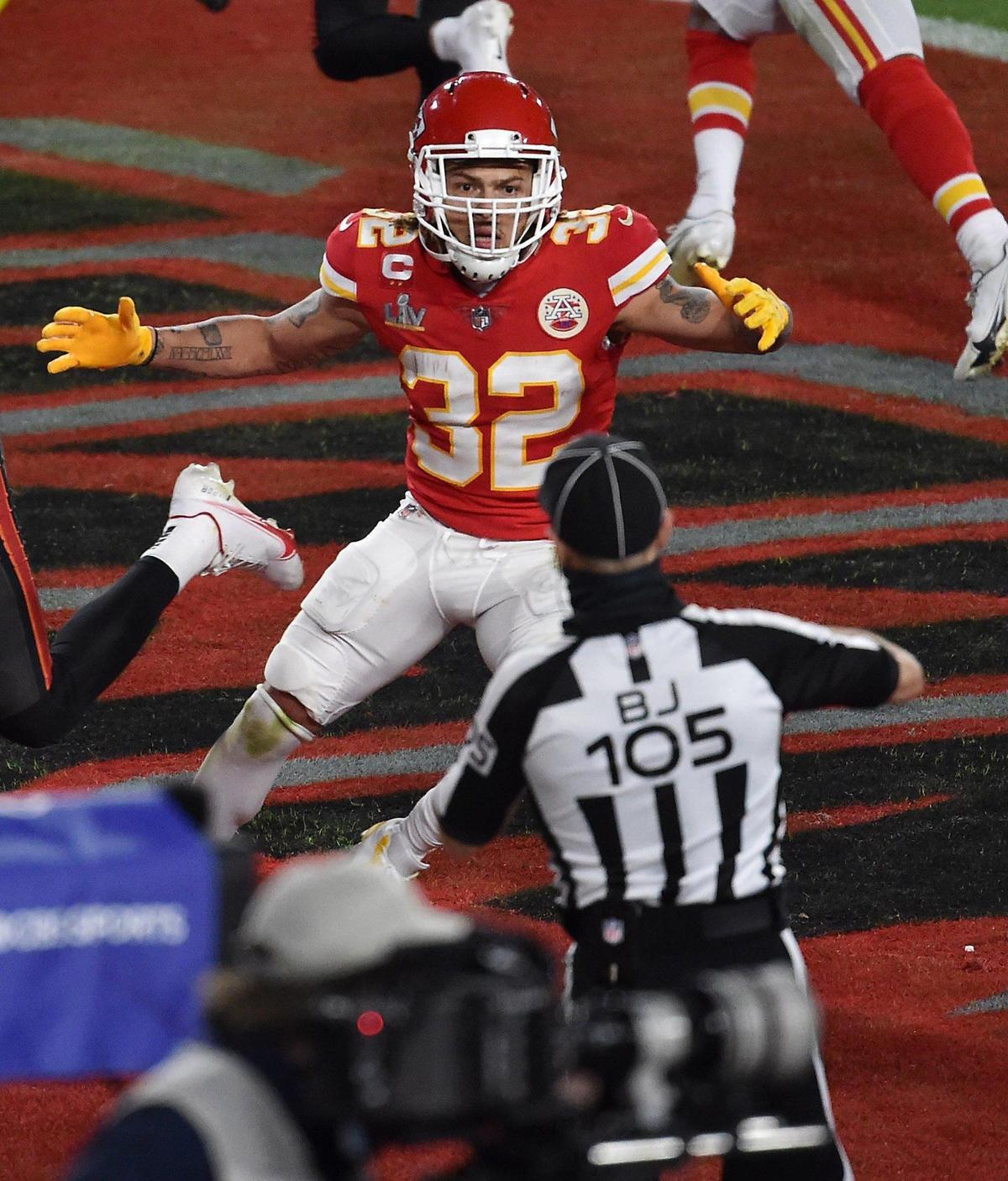 Kansas City Chiefs strong safety Tyrann Mathieu looks to the back judge after he was called for pass interference in the Tampa Bay Buccaneers’ end zone in the second quarter Sunday, February 7, 2021, at Super Bowl LV at Raymond James Stadium in Tampa, Florida.