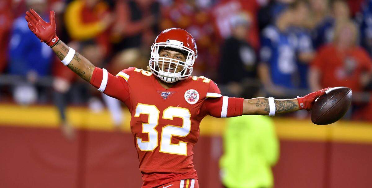 Kansas City Chiefs strong safety Tyrann Mathieu (32) celebrates a second quarter interception during the Kansas City Chiefs and Indianapolis Colts football game at Arrowhead Stadium on Sunday, Oct. 6, 2019, in Kansas City, Mo.