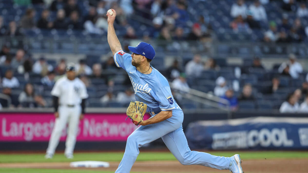 Kansas City Royals starting pitcher Michael Wacha (52) pitches in the first inning against the Kansas City Royals at Yankee Stadium on April 15, 2025. All players wore No. 42 for Jackie Robinson Day.