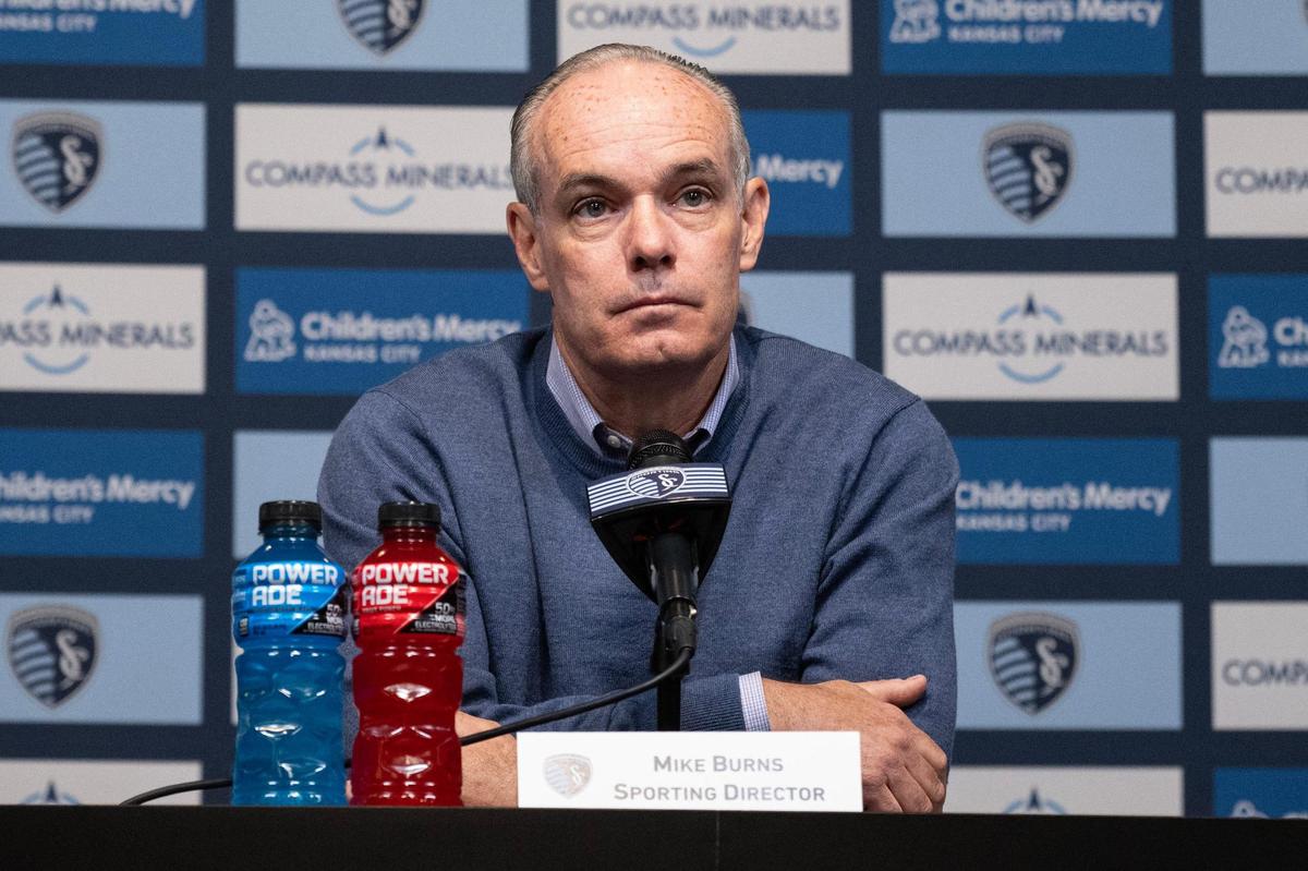 Sporting Kansas City director Mike Burns takes questions from reporters during media day at Children’s Mercy Park on Friday, Feb. 14, 2025, in Kansas City, Kansas.