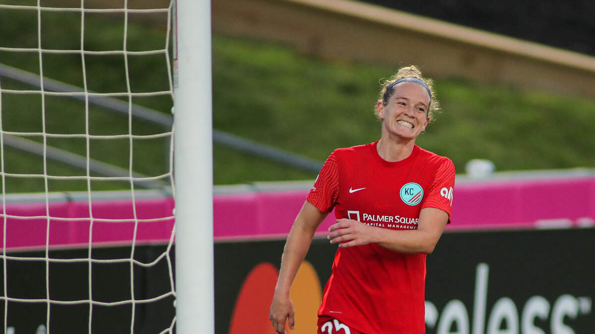 Kristen Hamilton reacts after not converting a chance to score against her former club, the North Carolina Courage, in her first appearance for the Kansas City National Women’s Soccer League team Friday night at Legends Field. The two teams, who traded players Thursday, drew 0-0.