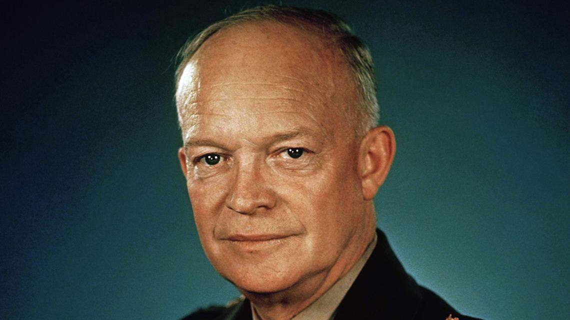 This 1945 file photo shows General Dwight D. Eisenhower in uniform. The plain green telephone Eisenhower used at his summer residence in Rhode Island has sold at auction.