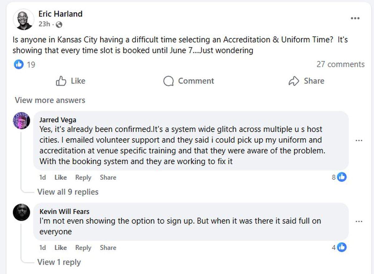 Kansas City volunteers on the FIFA World Cup 2026 Volunteers Facebook page discuss problems with FIFA’s online portal.