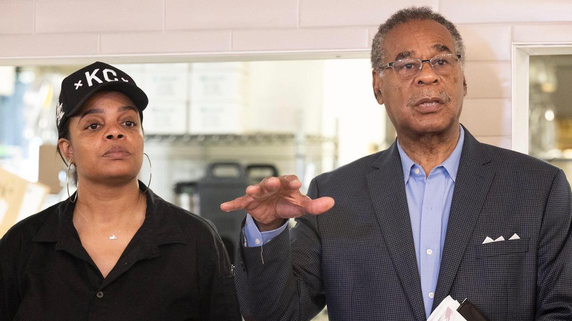 Chef Shanita McAfee-Bryant, left, Executive Director, The Prospect KC, looks on as Congressman Emanuel Cleaver, voiced concerns about possible cuts to food programs stemming from the administration’s proposed “Big Beautiful Bill,” on Friday, June 20, 2025, during a press conference at Nourish KC Community Kitchen in Kansas City. Cleaver talked about how the proposed cuts to the Supplemental Nutrition Assistance Program (SNAP) could impact local residents.