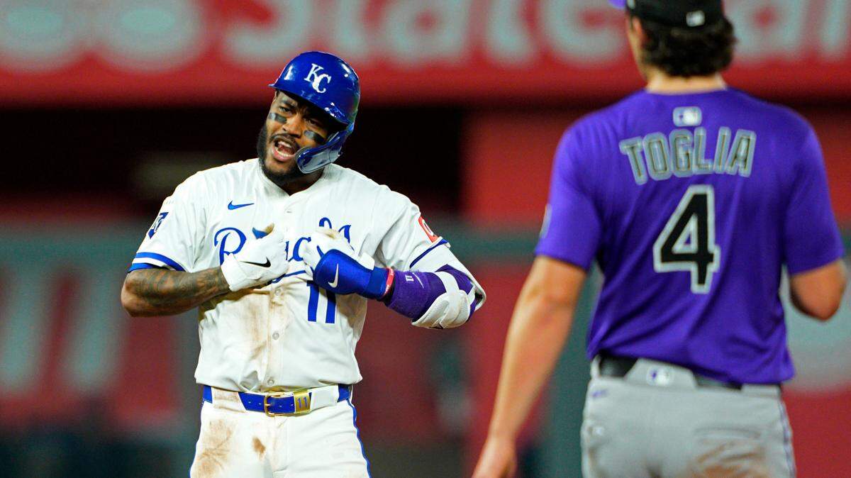 Kansas City Royals third baseman Maikel Garcia (11) celebrates after hitting a double during the ninth inning against the Colorado Rockies at Kauffman Stadium on April 22, 2025.