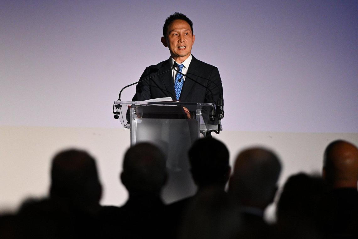 Kris Takamoto, executive vce president of Panasonic Energy, spoke after Kansas Gov. Laura Kelly announced details of a plan to build $4 billion Panasonic EV battery plant near De Soto.