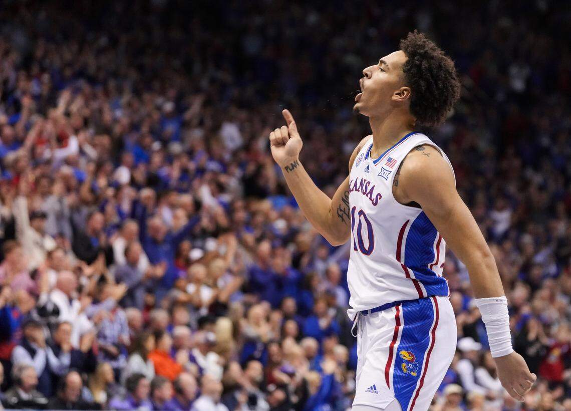 Kansas Jayhawks forward Jalen Wilson (10) celebrates during the first half against the Kansas State Wildcats at Allen Fieldhouse on Jan. 31, 2023.