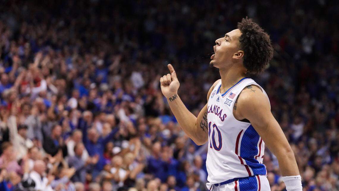 Kansas Jayhawks forward Jalen Wilson (10) celebrates during the first half against the Kansas State Wildcats at Allen Fieldhouse on Jan. 31, 2023.