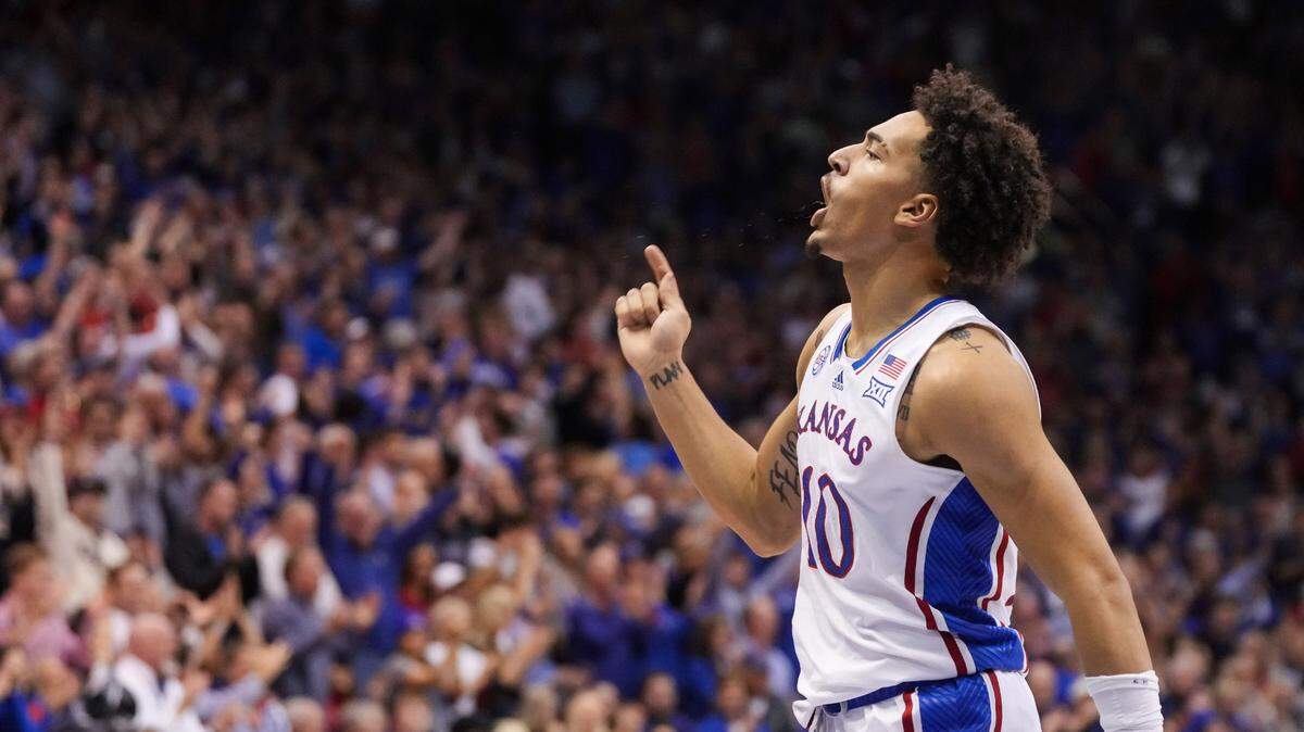 Kansas Jayhawks forward Jalen Wilson (10) celebrates during the first half against the Kansas State Wildcats at Allen Fieldhouse on Jan. 31, 2023.