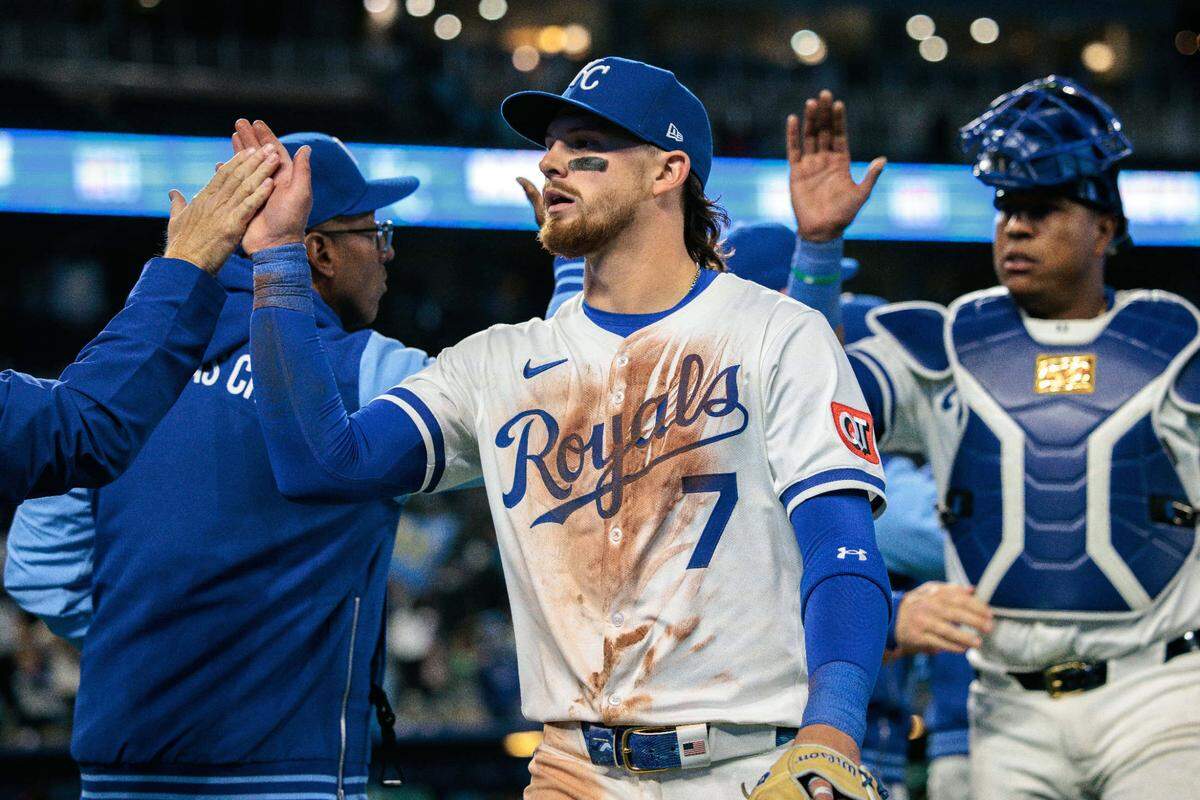 Kansas City Royals shortstop Bobby Witt Jr. (7) celebrates after the game against the Minnesota Twins at Kauffman Stadium on April 8, 2025.