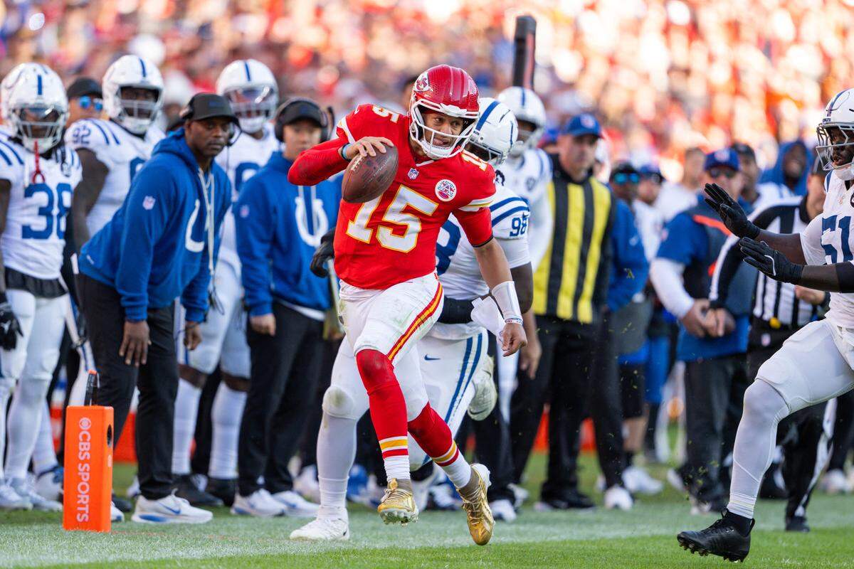 Chiefs quarterback Patrick Mahomes scrambles for a first down during an NFL Week 12 game against the Indianapolis Colts at GEHA Field at Arrowhead Stadium in Kansas City on Sunday, Nov. 23, 2025.