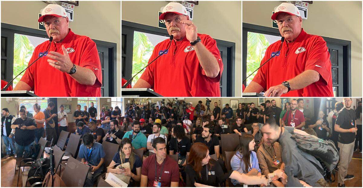 Kansas City Chiefs coach Andy Reid meets with a roomful of media during Thursday’s interview session ahead of a Friday, Sept. 5, 2025 NFL season-opening game against the Los Angeles Chargers in Sao Paulo, Brazil.