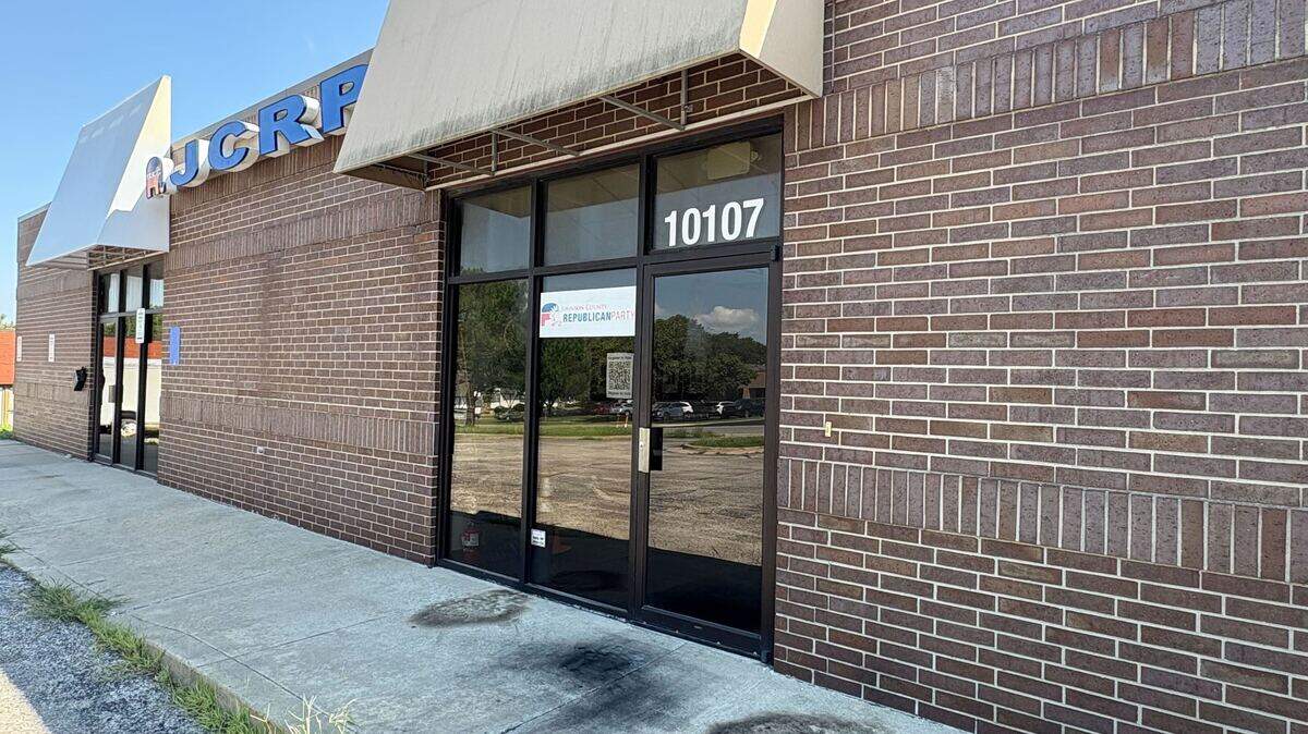 Black marks are seen on the sidewalk outside the Johnson County GOP headquarters, 10107 W. 105th St. in Overland Park, on Friday after a reported fire that party officials called an attempted arson.