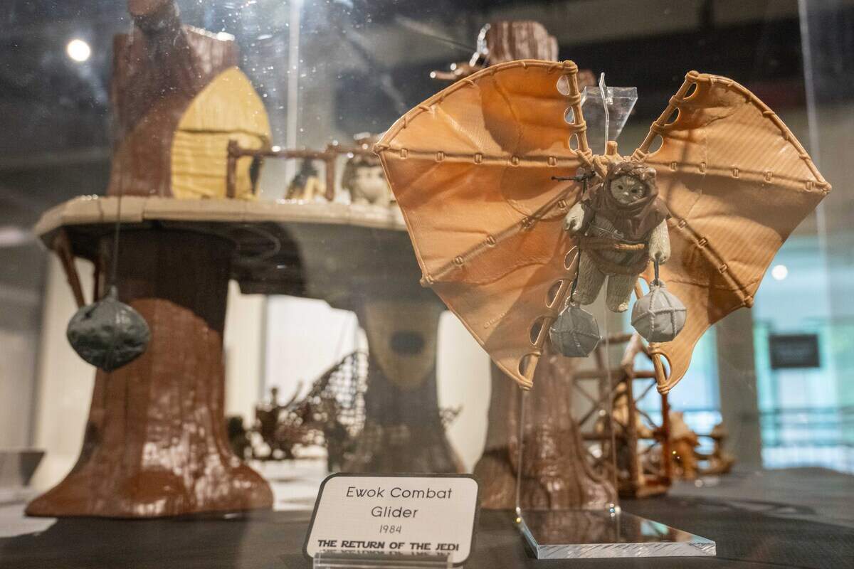 A vintage Kenner Toys Ewok toy is part of the exhibit.