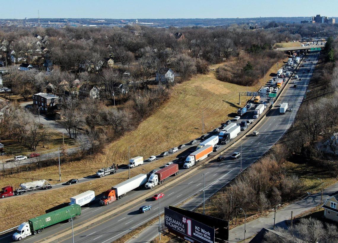 Westbound Interstate 70 near 18th Street in Kansas City was closed due to an early morning fire underneath a bridge where a body was found in a homeless encampment Thursday, Jan. 13, 2022. Motorists were backed up and many exited the highway at 23rd Street. Eastbound I-70 remained open.