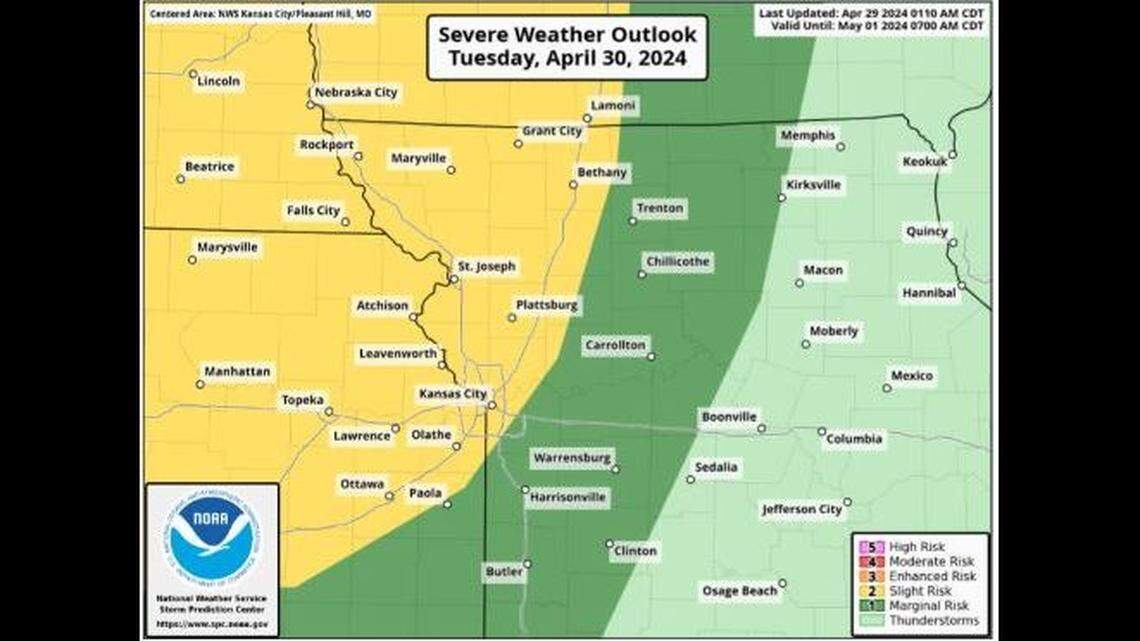 A round of severe thunderstorms could bring large hail and damaging winds to the Kansas City area Tuesday evening, according to the National Weather Service.