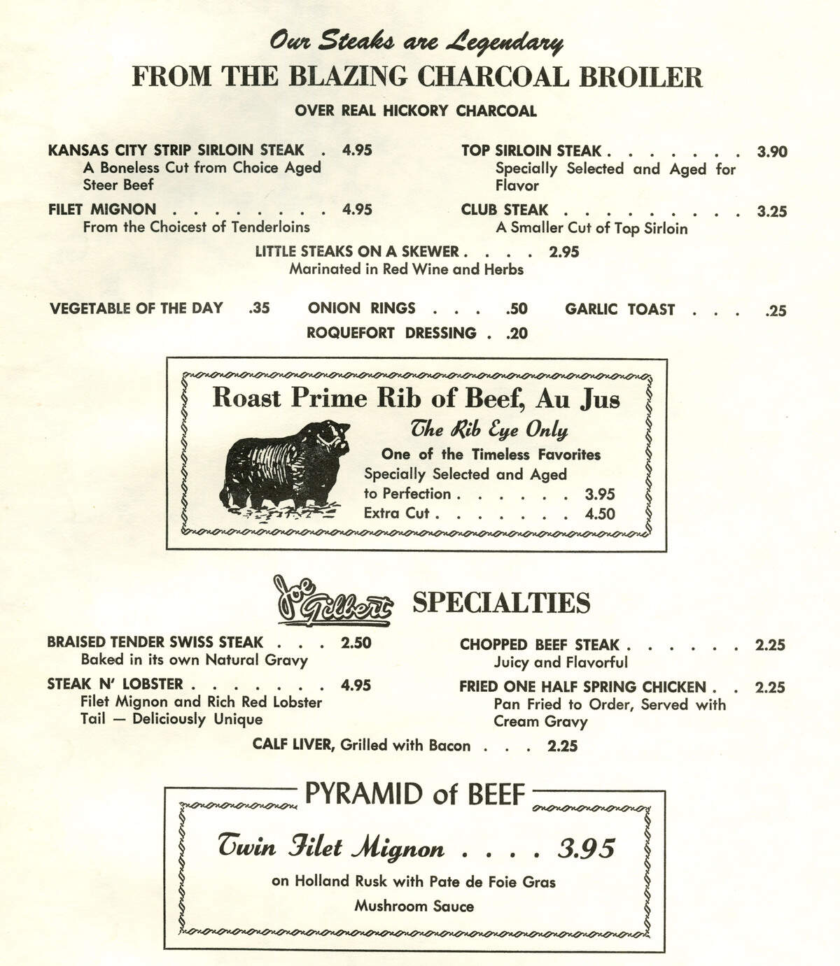 The Four Winds menu featured many beef specialties. From the S. Stephen Lispi Collection.