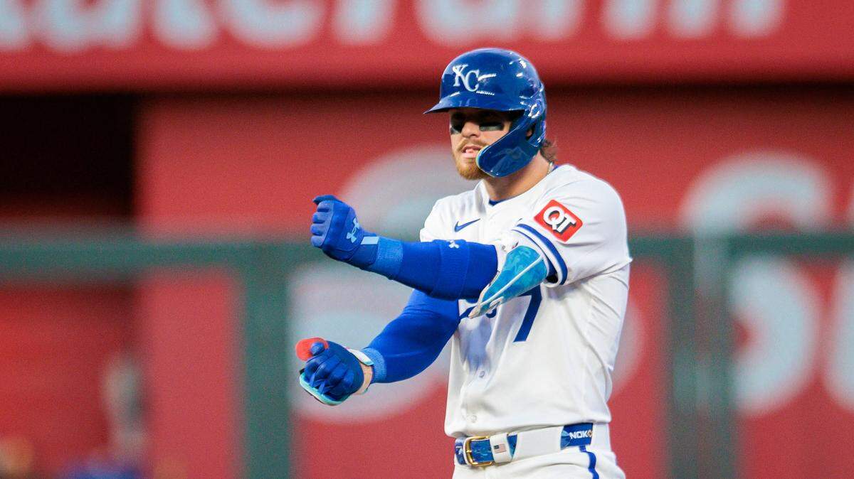 Kansas City Royals shortstop Bobby Witt Jr. (7) reacts after hitting a double during the fourth inning against the Minnesota Twins at Kauffman Stadium on April 8, 2025.