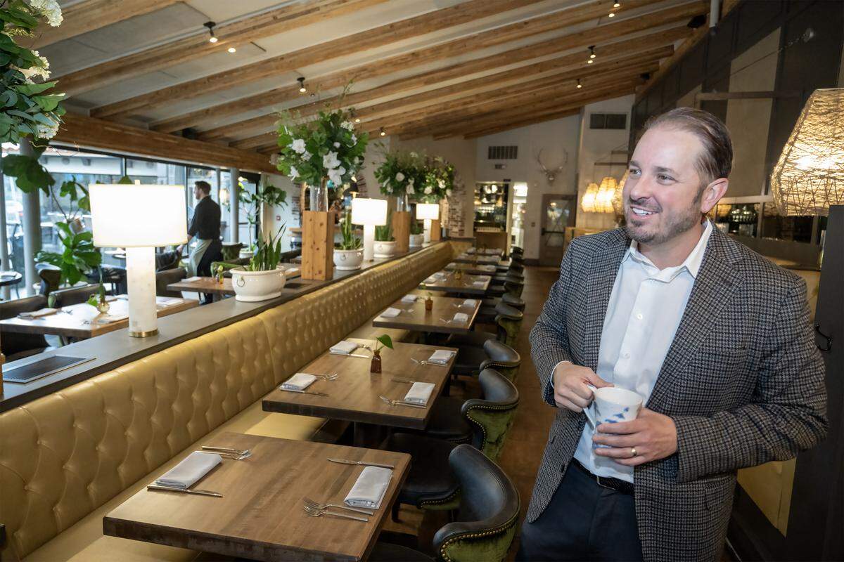 Whitney VinZant, left, chief executive officer of W. VinZant Restaurants, after a meeting at Gram & Dun on the Country Club Plaza on Friday, March 6, 2026 in Kansas City.