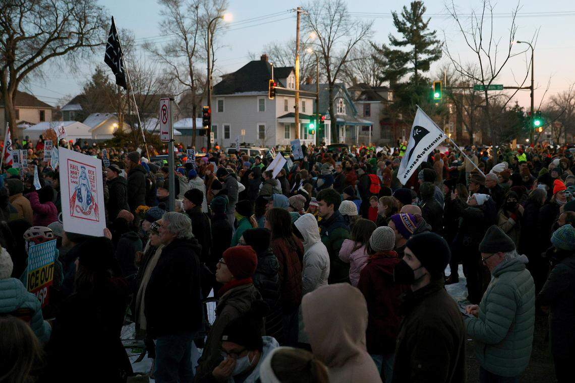 People gather for a vigil following a shooting by an ICE agent during federal law enforcement operations on Jan. 7, 2026 in Minneapolis, Minnesota. The woman killed in the shooting, identified as Renee Good, lived in Kansas City as recently as 2023, according to court records.