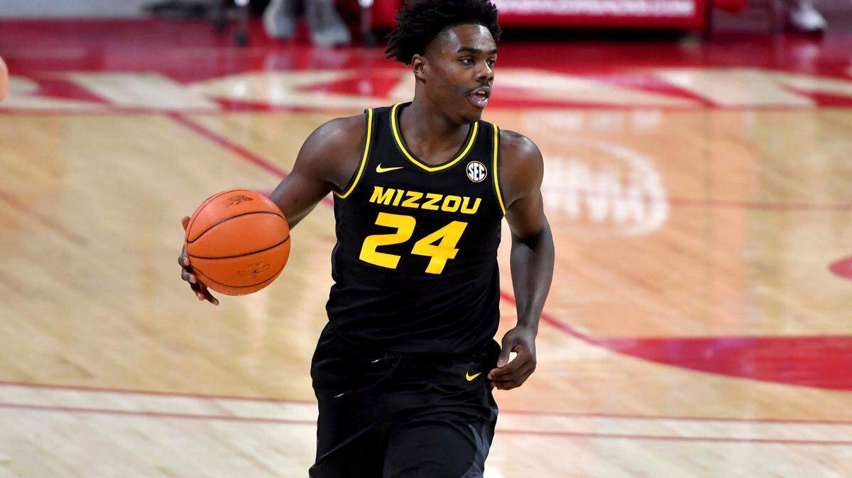 Missouri forward Kobe Brown against Arkansas during the first half of an NCAA college basketball game in Fayetteville, Ark. Saturday, Jan. 2, 2021. (AP Photo/Michael Woods)