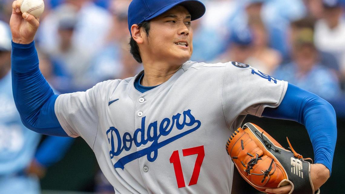 Los Angeles Dodgers two-way player Shohei Ohtani pitches in the second inning during an MLB game against the Kansas City Royals on Saturday, June 28, 2025, at Kauffman Stadium in Kansas City.