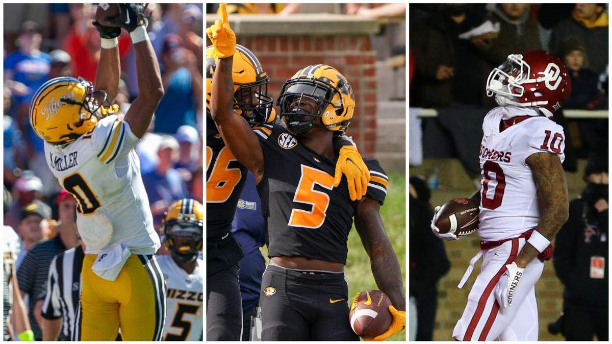 Mizzou football has several breakout candidates at wide receiver in 2023, including (left to right) Mekhi Miller, Mookie Cooper and OU transfer Theo Wease Jr.