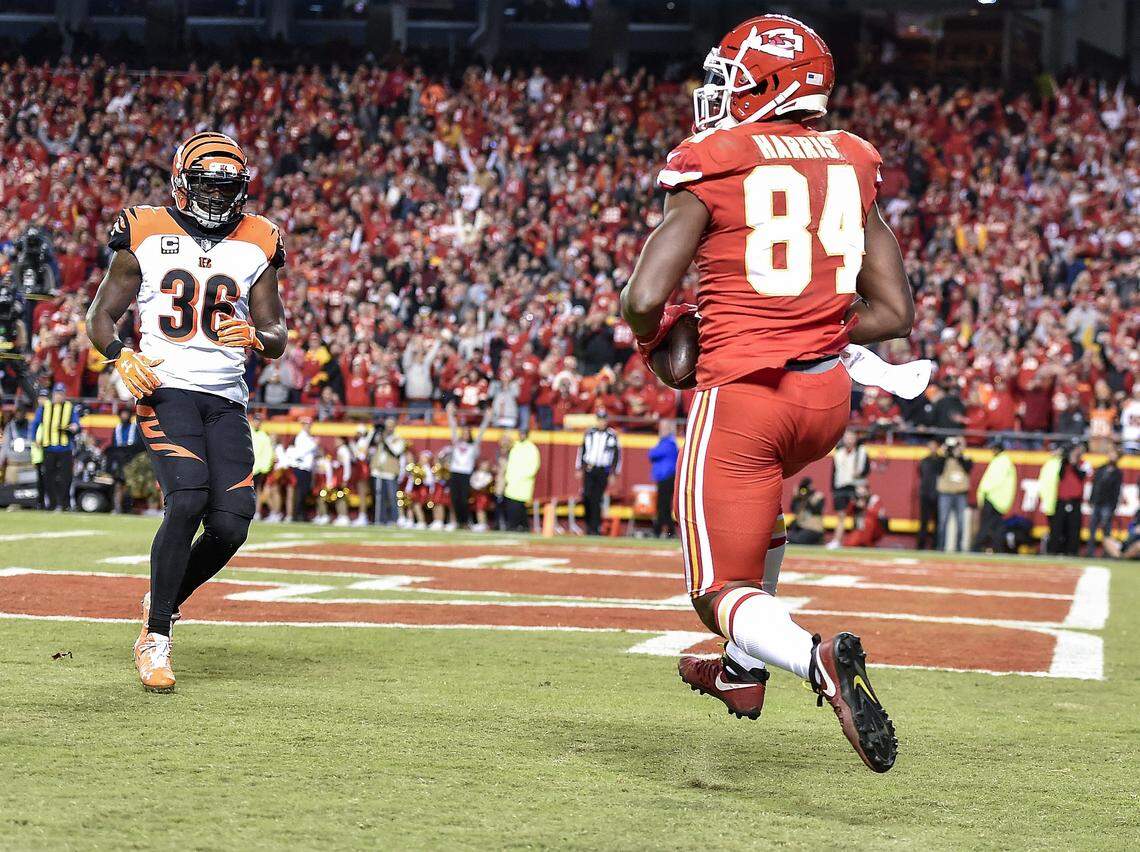 Kansas City quarterback Patrick Mahomes’ 21st regular-season touchdown pass was to Chiefs tight end Demetrius Harris, who caught a 17-yard pass for a score against the Cincinnati Bengals in Kansas City.