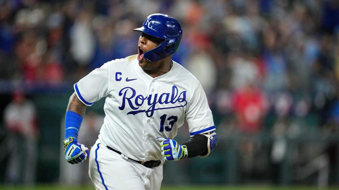 Royals catcher Salvador Perez celebrates after hitting a game-tying home run during the ninth inning against the Cincinnati Reds at Kauffman Stadium on June 12.
