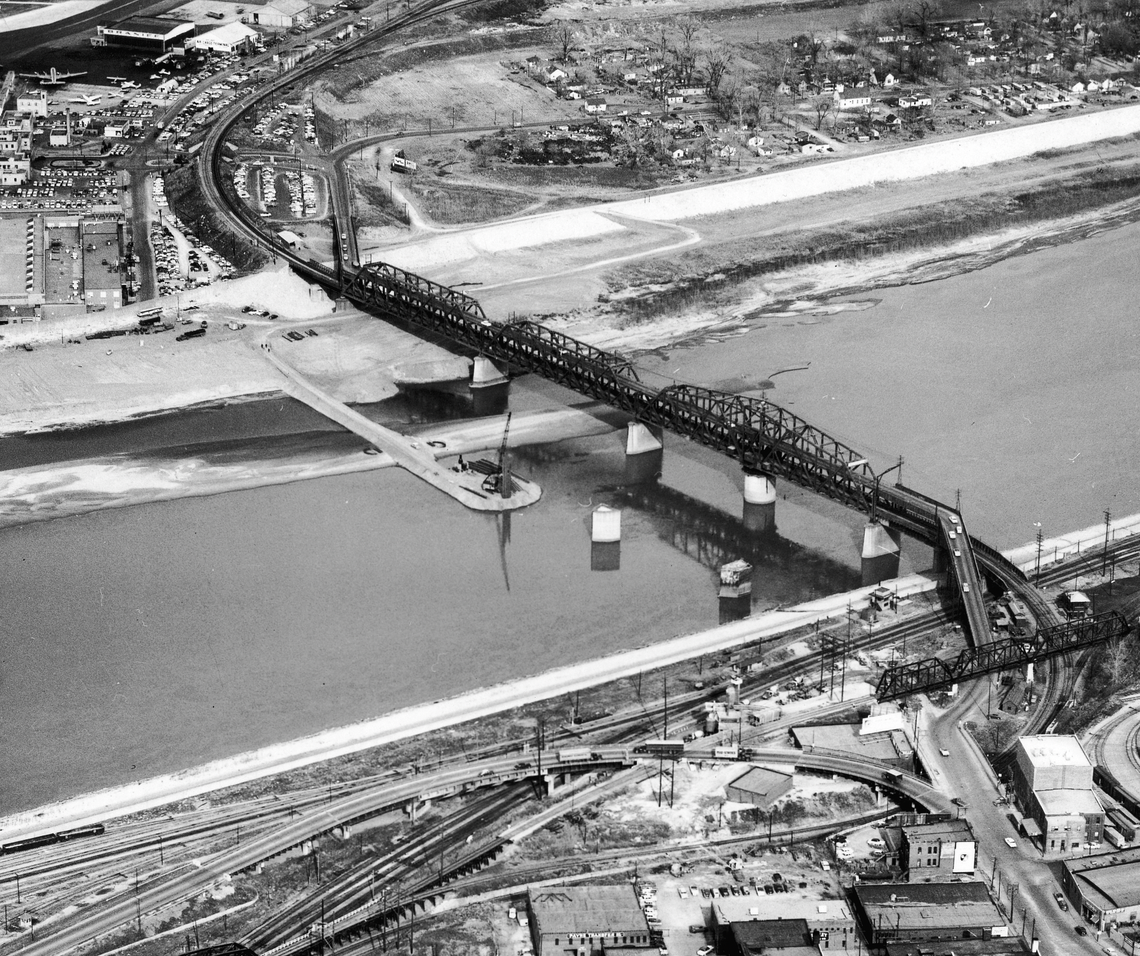 Construction begins on what was then called the Broadway Bridge near the old Hannibal Bridge near downtown Kansas City in the mid-1950s.