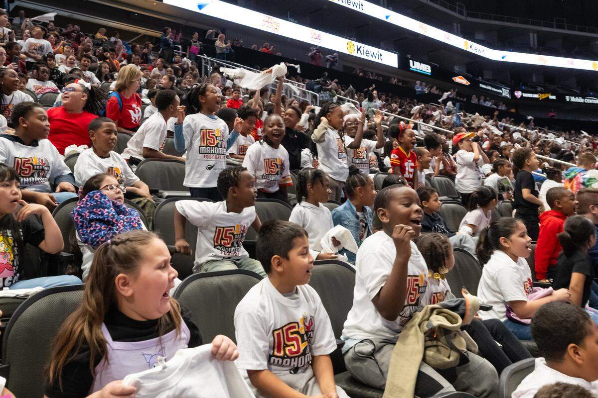 Kids from schools around the Kansas City metro area cheer for Kansas City Chiefs quarterback Patrick Mahomes before he reads to them at the Lead to Read KC Reading Rally, on Thursday, April 2, 2026, at T-Mobile Center.