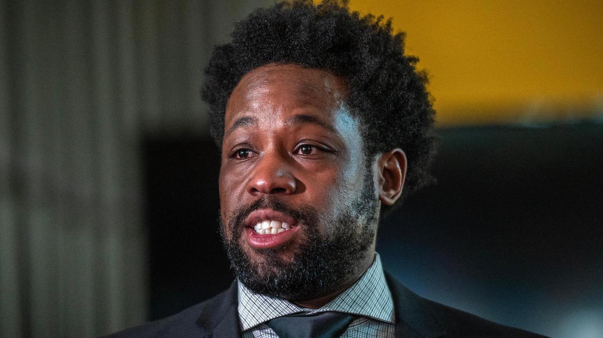 Spencer Webster, attorney for Metro Organization for Racial and Economic Equity (MORE2), speaks during a press conference at Grandview Park Presbyterian Church on Tuesday, Nov. 14, 2023, in Kansas City, Kansas. MORE2 called on the U.S. Department of Justice to investigate misconduct in Kansas City, Kansas law enforcement.