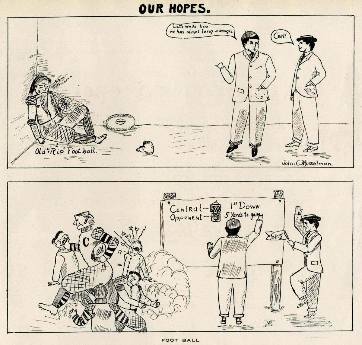 A 1907 cartoon created by Central students expressing their desire for football’s return. KANSAS CITY PUBLIC LIBRARY