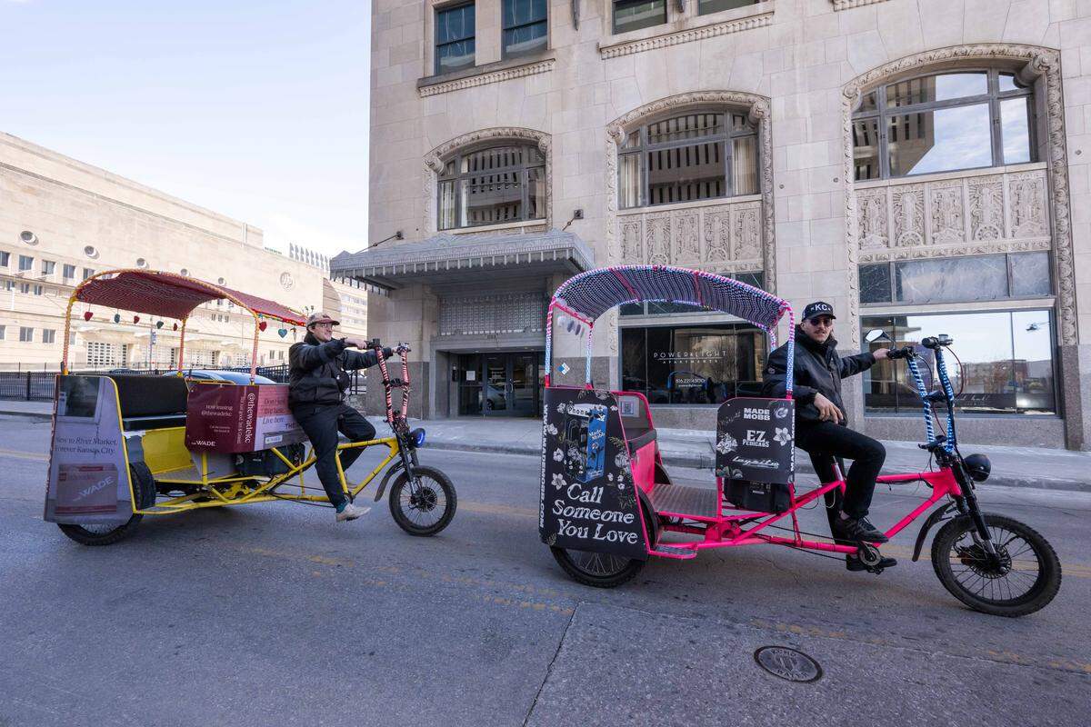 Mark Madden and Atticus Sloan, owners of E-Z Pedicabs, Kansas City's only ride-share pedicab service, on Monday, February 9, 2026. The company currently has four cabs but is doubling its fleet to 8 cabs by early Spring, ahead of the World Cup.