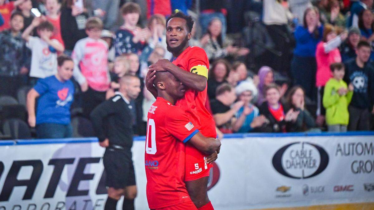 Ramone Palmer celebrates his first goal of the season, a strike that gave the Comets a 2-1 lead against the Milwaukee Wave this past weekend.