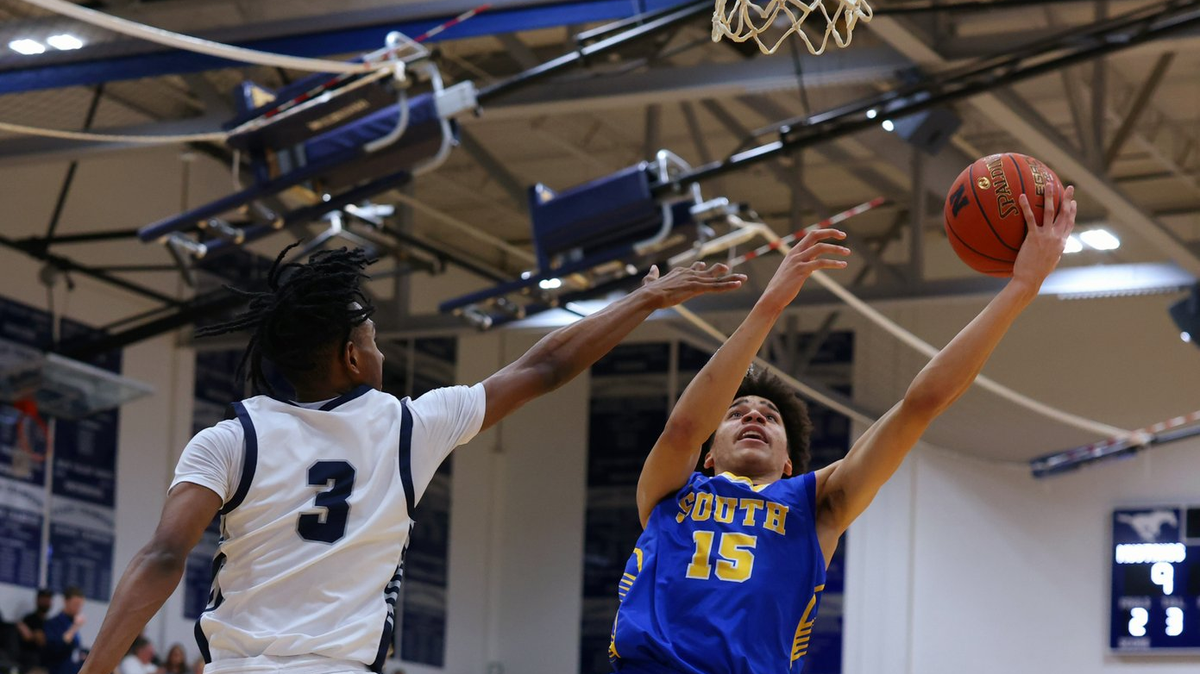 Olathe South’s Nic Anderson elevates for two of his game-high 19 points during his team’s 48-40 Kansas substate victory over Blue Valley North in boys high school basketball on Tuesday, March 4, 2025.