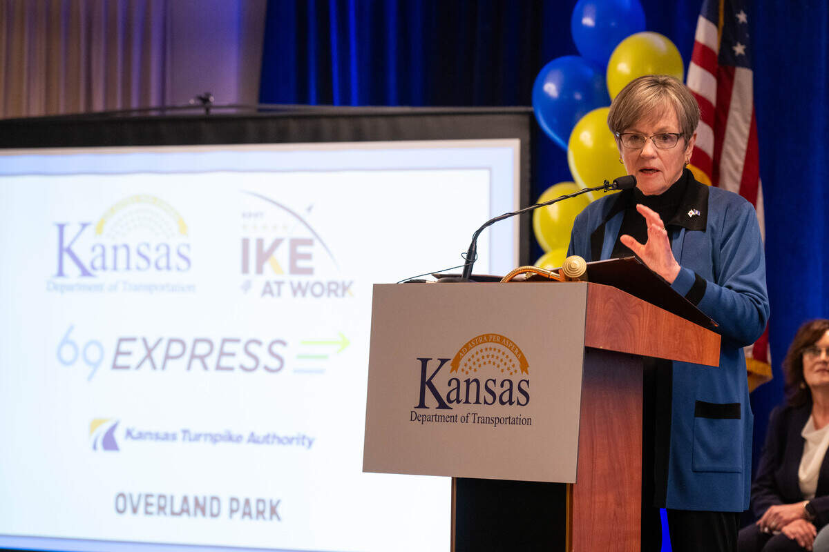 Kansas Gov. Laura Kelly speaks at the ribbon cutting ceremony for the opening of new US-69 Highway Express Lane, on Tuesday, February 17, 2026, in Overland Park.
