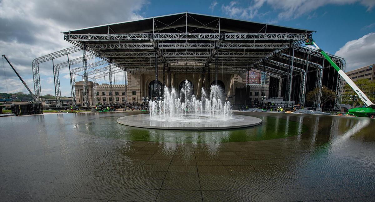 The Henry Wollman Bloch Fountain is front and center of the giant stage being constructed at Union Station for the NFL Draft ceremonies.