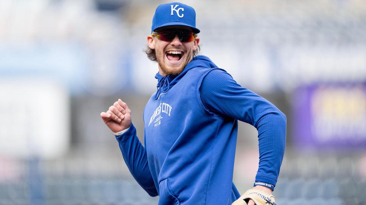 Kansas City Royals shortstop Bobby Witt Jr. laughs as he takes the field for a team practice on Wednesday, March 27, 2024, in Kansas City.