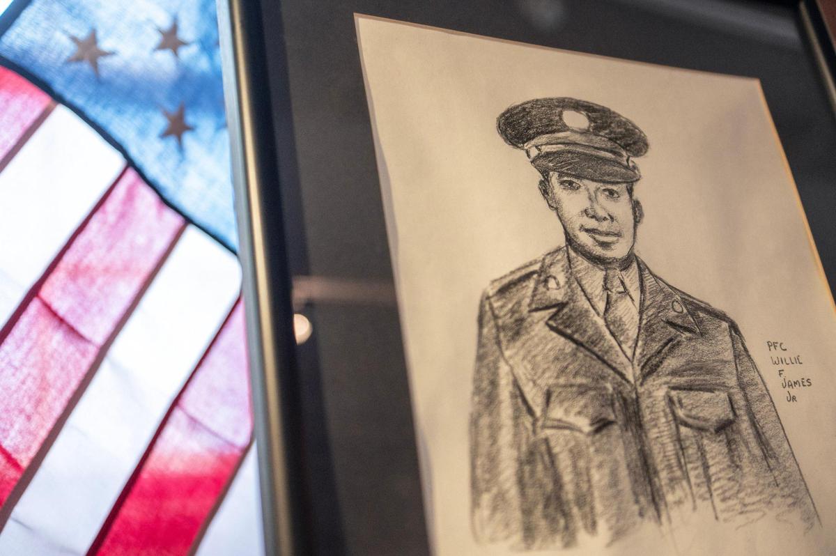 This portrait of Willy James, by artist James Guilford, was commissioned in 1997 when James was given the Medal of Honor posthumously. There are no known photographs of him. The portrait is now on display at the Black Archives of Mid-America.