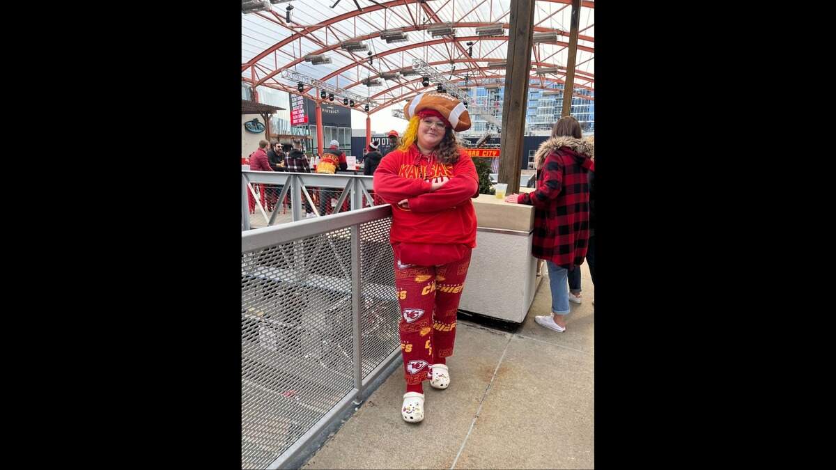 Lifelong Chiefs fan Sabrina Gerdes wore her team gear to the Super Bowl watch party Sunday at Kansas City’s Power & Light District.