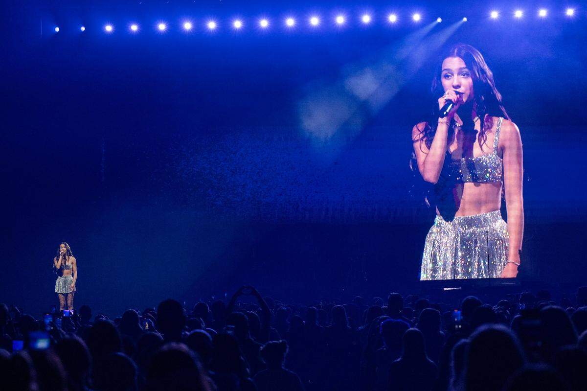 Olivia Rodrigo performs the song ‘ballad of a homeschooled girl’ during her GUTS World Tour concert at T-Mobile Center on Friday, July 26, 2024, in Kansas City.