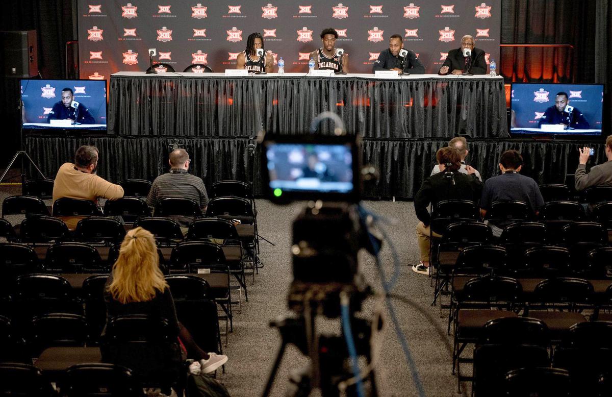 Moments after their games are over, the teams’ head coaches and some of their key players of the games head to the press conference room set up under the seats of the T-Mobile Center to answer questions from members of the media. Oklahoma State players and coaches answered questions after their Big 12 Tournament game on Tuesday.