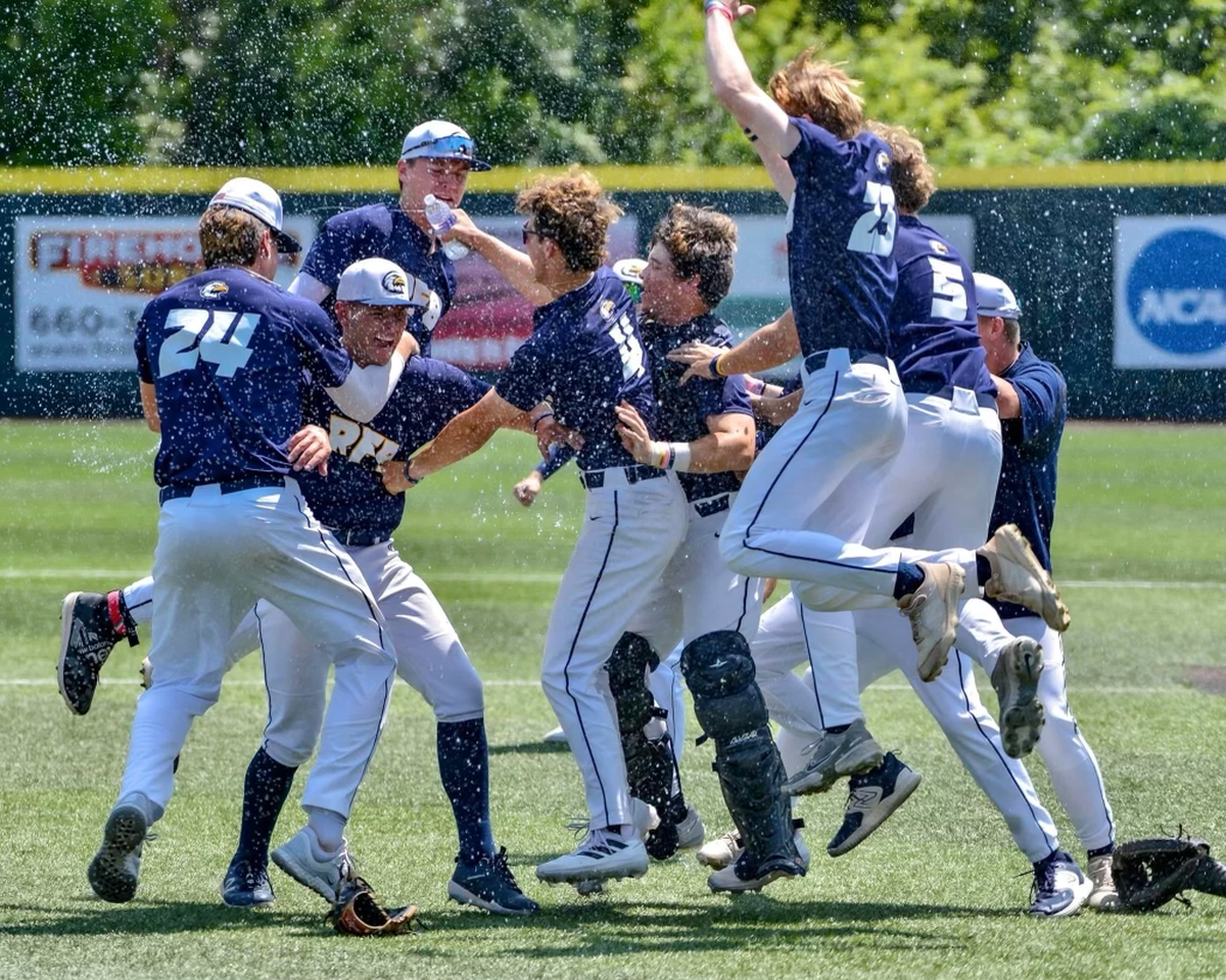 Liberty North baseball players celebrate after winning state championship game against Francis Howell 9-3. This was the program’s second straight title.