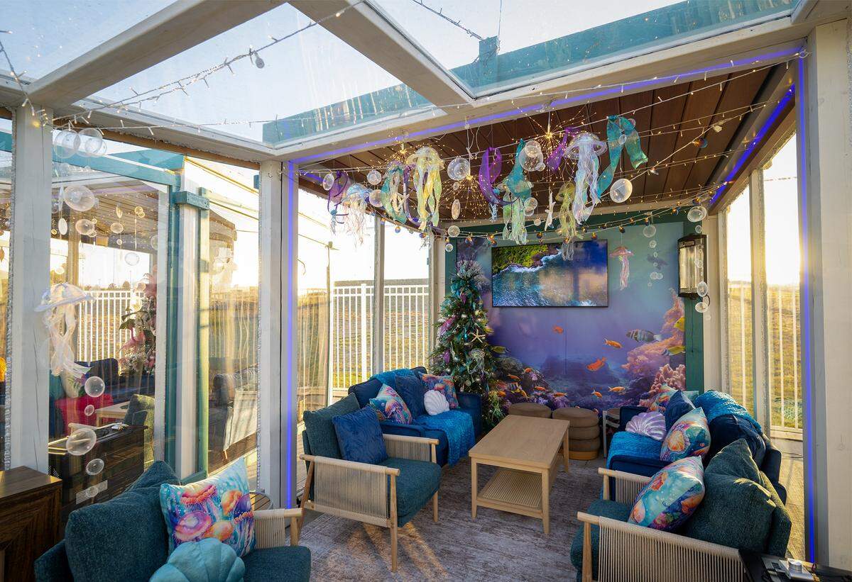 Holiday at the Reef cabana is seen on Monday, November 17, 2025, in Kansas City, Kansas. Margaritaville Hotel Kansas City debuts the Frosted Cabanas, a unique holiday pop-up experience opening Wednesday, November 19, 2025. Guests can reserve private, heated cabanas on the pool deck, each featuring festive décor and a relaxed, tropical atmosphere.