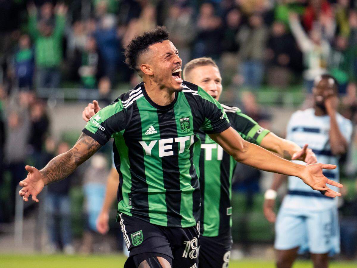 Austin FC defender Julio Cascante celebrates his goal during the first half against Sporting Kansas City Wednesday night in Austin, Texas.